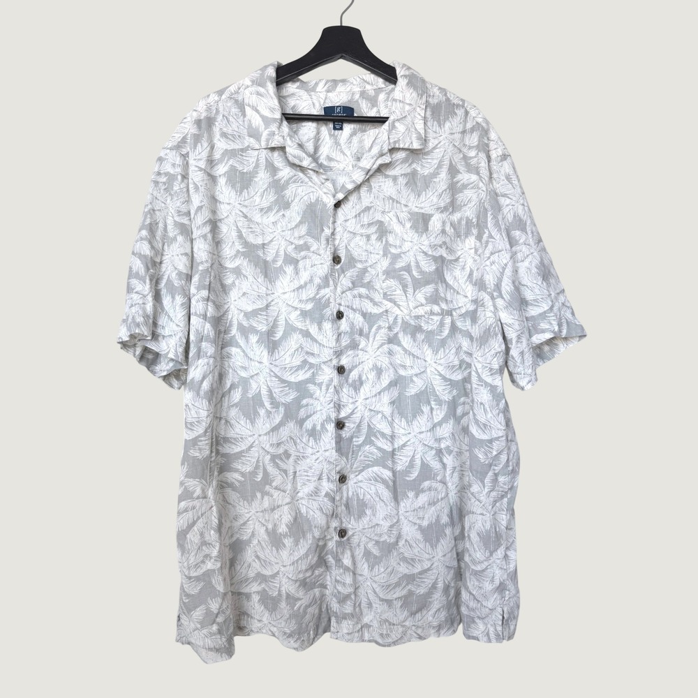 George Mens 2XL Grey White Palm Leaf Tropical Linen Blend Button Down Shirt